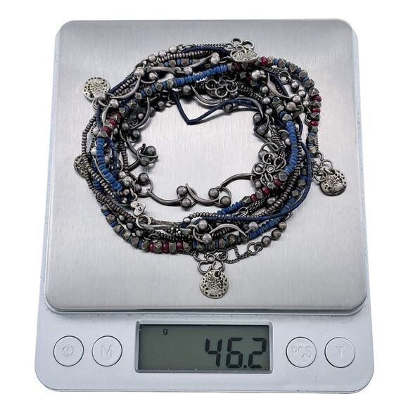 Vintage CL Silver Tone 5 Strand Blue Red Beaded Charm Necklace 15.25" - Picture 2 of 4